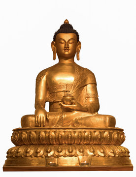 Gold Buddha Gautama Statue Isolated On The White Background, Bottom View ; Buddha Sits In The Lotus Pose