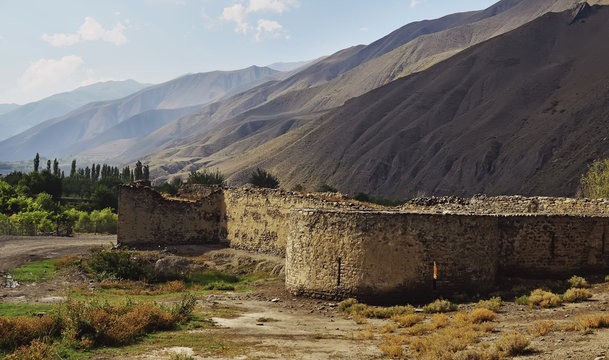 Fortress landscape in Dagestan. Russian Empire fortress in Caucasus mountains, Akhty Fortress 1839 years, Caucasian Wars