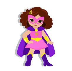Illustration cute girl in the costume of a superhero. Vector illustration isolated on white background.