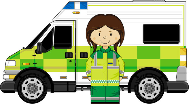 Cute Cartoon EMT Medic and Ambulance