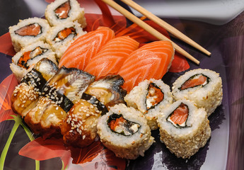 Japanese seafood sushi set on black background