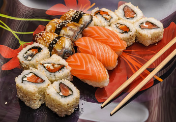 Japanese seafood sushi set on black background