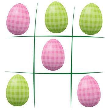 Easter eggs playing tic tac toe - vintage style, with checked gingham pattern. Isolated vector illustration on white background.