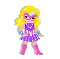 Illustration cute girl in the costume of a superhero. Vector illustration isolated on gray background.