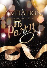 Gold and black Royal party invitation card with defocused lights, air balloons and gold curly ribbon. Vector illustration