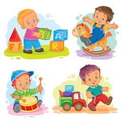Obraz na płótnie Canvas Set of icons little boy playing with toys