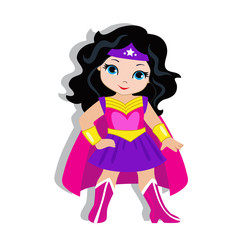 Illustration cute girl in the costume of a superhero. Vector illustration isolated on gray background.