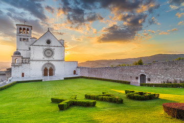 Fototapeta na wymiar Basilica of St. Francis of Assisi at sunset, Assisi, Umbria, Italy