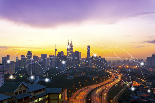  Kuala Lumpur cityscape and network connection concept.