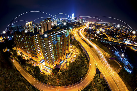  Kuala Lumpur cityscape and network connection concept. Fisheye lens effect.