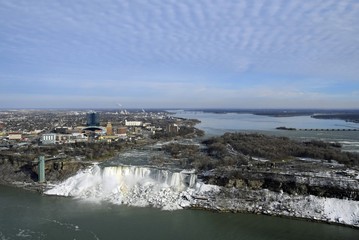 view across the Niagara River, towards the American Falls and Niagara Falls city, New York, USA 