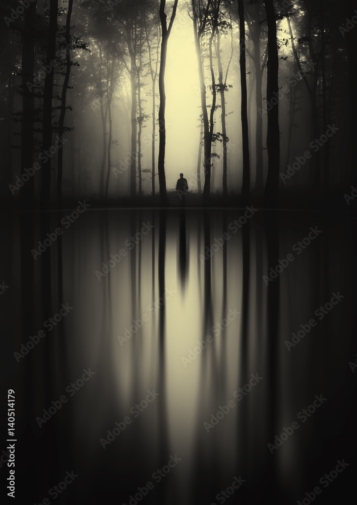 Wall mural surreal forest landscape with trees and mysterious man silhouette reflecting on lake water surface