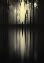 surreal forest landscape with trees and mysterious man silhouette reflecting on lake water surface
