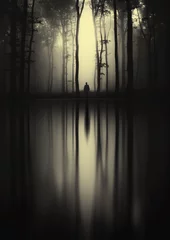 Gordijnen surreal forest landscape with trees and mysterious man silhouette reflecting on lake water surface © andreiuc88