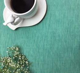 Coffee & Flowers on Blue Background