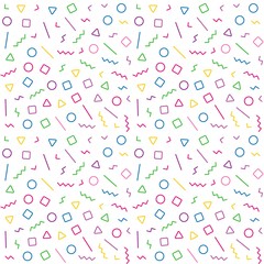 Geometric seamless pattern in Memphis style. Abstract hipster pattern with lines, squares, triangles and circles. Vector background Illustration