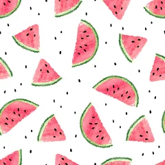 Fotobehang Watermeloen Naadloos watermeloenenpatroon. Vector achtergrond met aquarel watermeloen plakjes.