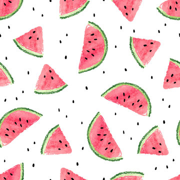 Seamless watermelons pattern. Vector background with watercolor watermelon slices.