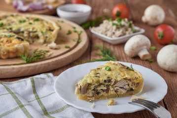 Traditional french quiche pie with chicken and mushroom
