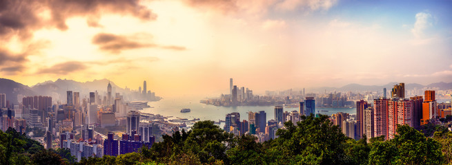 Fototapeta na wymiar Panorama view sunset of Victoria Harbor, Hong Kong