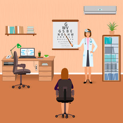 Ophthalmologist checks eyesight of patient in oculist office interior. Medicine doctor visiting concept.