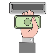 Human hand with dollar banknote to a cash validator. Flat style vector icon.