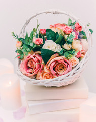 Bouquet of flowers in a basket, Wedding decoration, hand made. Toning.
