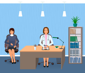 Medicine interior with sitting patient and doctor. Young woman visiting doctor's office.