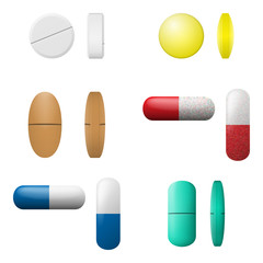 Different vector pills and capsules set. Pharmacy drugs icons isolated on a white background. Medicament symbols.