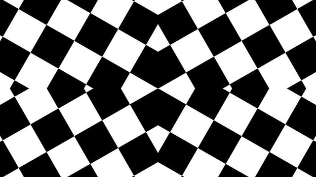 Diseño  geometrico de cuadrados  en blanco y negro con efecto espejo que gira
