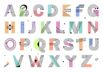 Creative geometric Alphabet. Postmodernist design typeface in Memphis style. Vector - 140518935