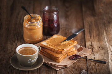 Peanut butter with jam and rustic dough. Peanut butter and jelly
