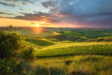 Panoramic view in spring day on the landscape of Crete Senesi.