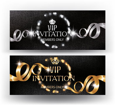VIP banners with defocused frame of lights and curly ribbons. Vector illustration