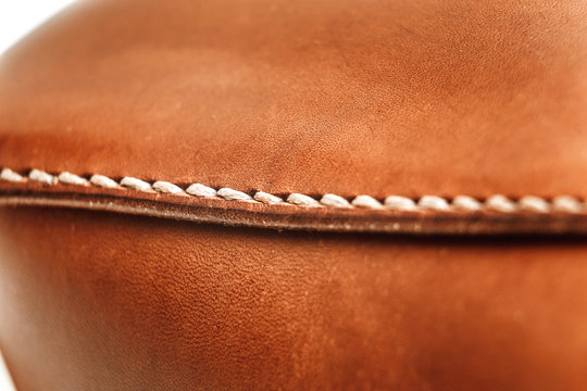 Stitch Detail Of An Orange Leather Bag, Concept Handmade