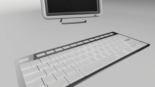 Seamless looping 3D animation of a computer keyboard with a find key pressed blue and chrome version 