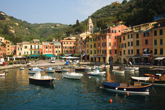 Portofino, Italy - marina and shops. Colorful buildings in a picturesque setting.