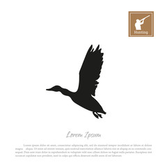Black silhouette of a duck on a white background. Icon hunter with a gun