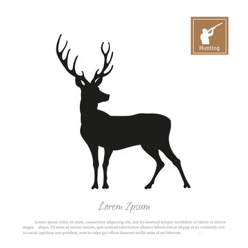 Black silhouette of a deer on a white background. Icon hunter with a gun