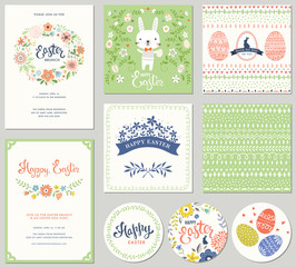 Vector Happy Easter templates with eggs, flowers, floral branches and wreath, rabbit, seamless pattern and typographic design.