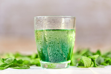 Mint chlorophyll drink in glass with water drops