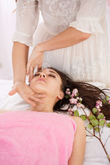 Obraz na płótnie Canvas Closeup of female masseur hands doing facial massage carefully 