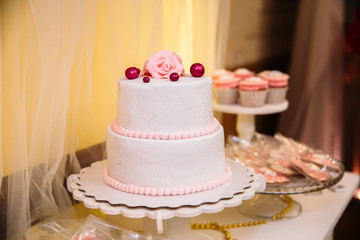 Sweet multilevel wedding cake decorated with beautiful flowers. Candy bar