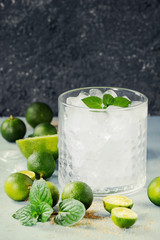 Ingredients for mojito cocktail, whole, sliced lime and mini limes, mint leaves, brown crystal sugar over gray stone texture background with glass full of ice. Space for text