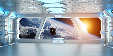 Spaceship interior with view on distant planets system 3D rendering elements of this image furnished by NASA