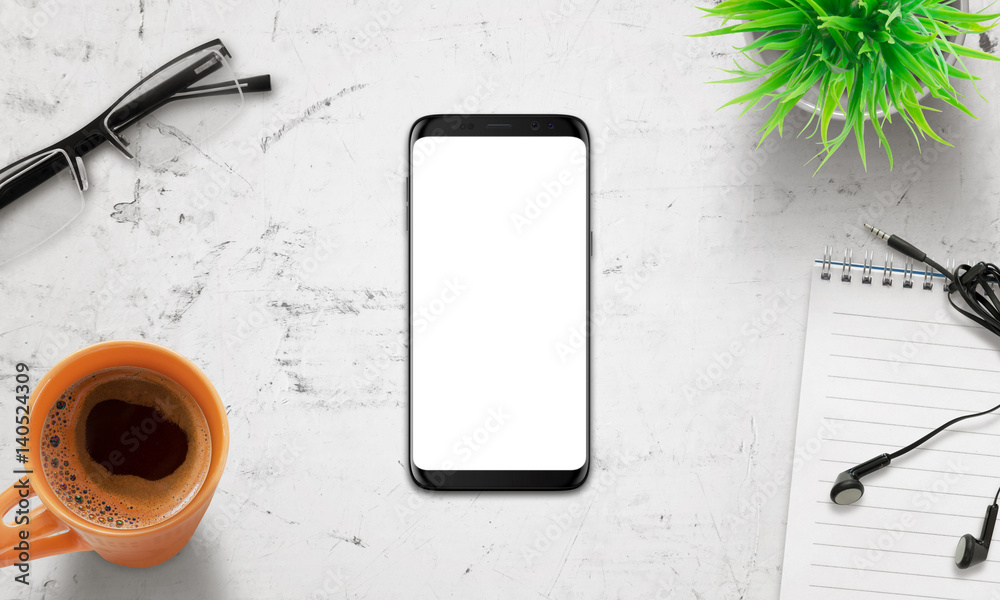 Poster black mobile phone on white desk. isolated white screen for mockup. modern display with round edges.