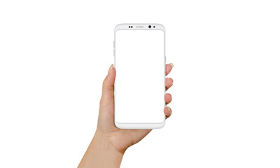 White mobile phone with round edges in woman hand. Isolated background and display for mockup.