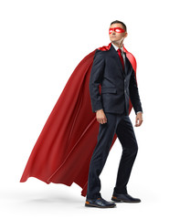 A businessman in a hero red cape and a mask in front view looking in the distance over his shoulder...