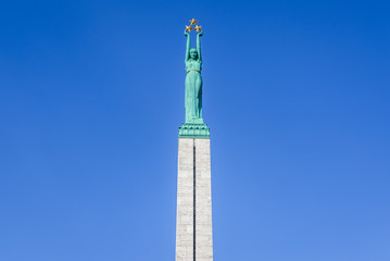 Statue of Liberty on Freedom Monument in Riga city, Latvia