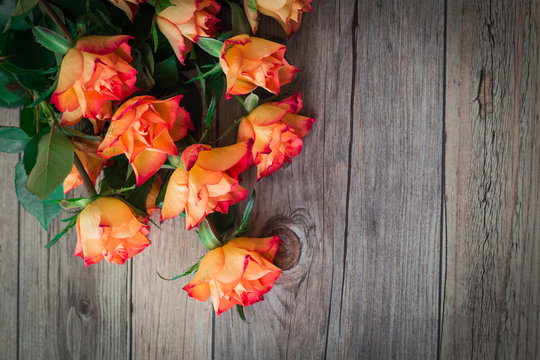Orange roses. On a wooden background there are the beautiful bouquet of roses. 